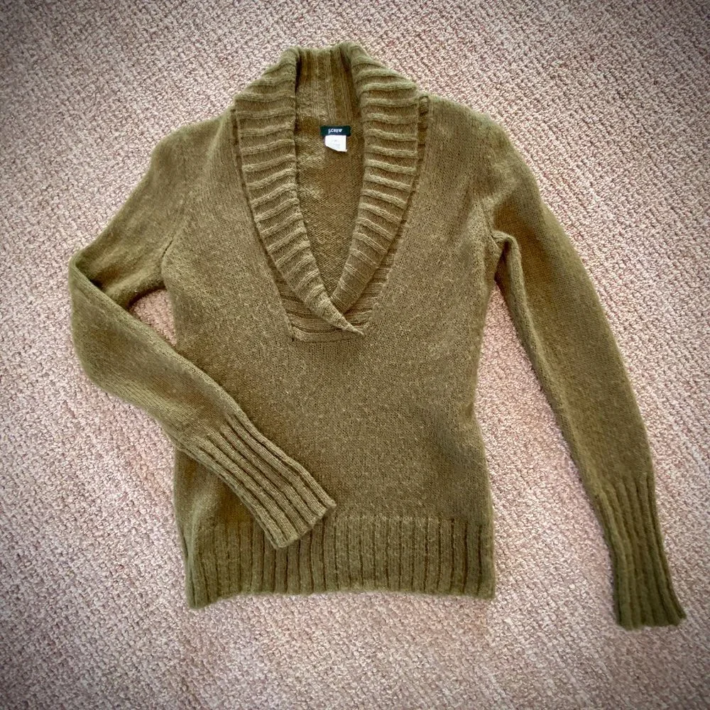 J. Crew Shawl Collar Mohair Sweater in Olive Green, XS